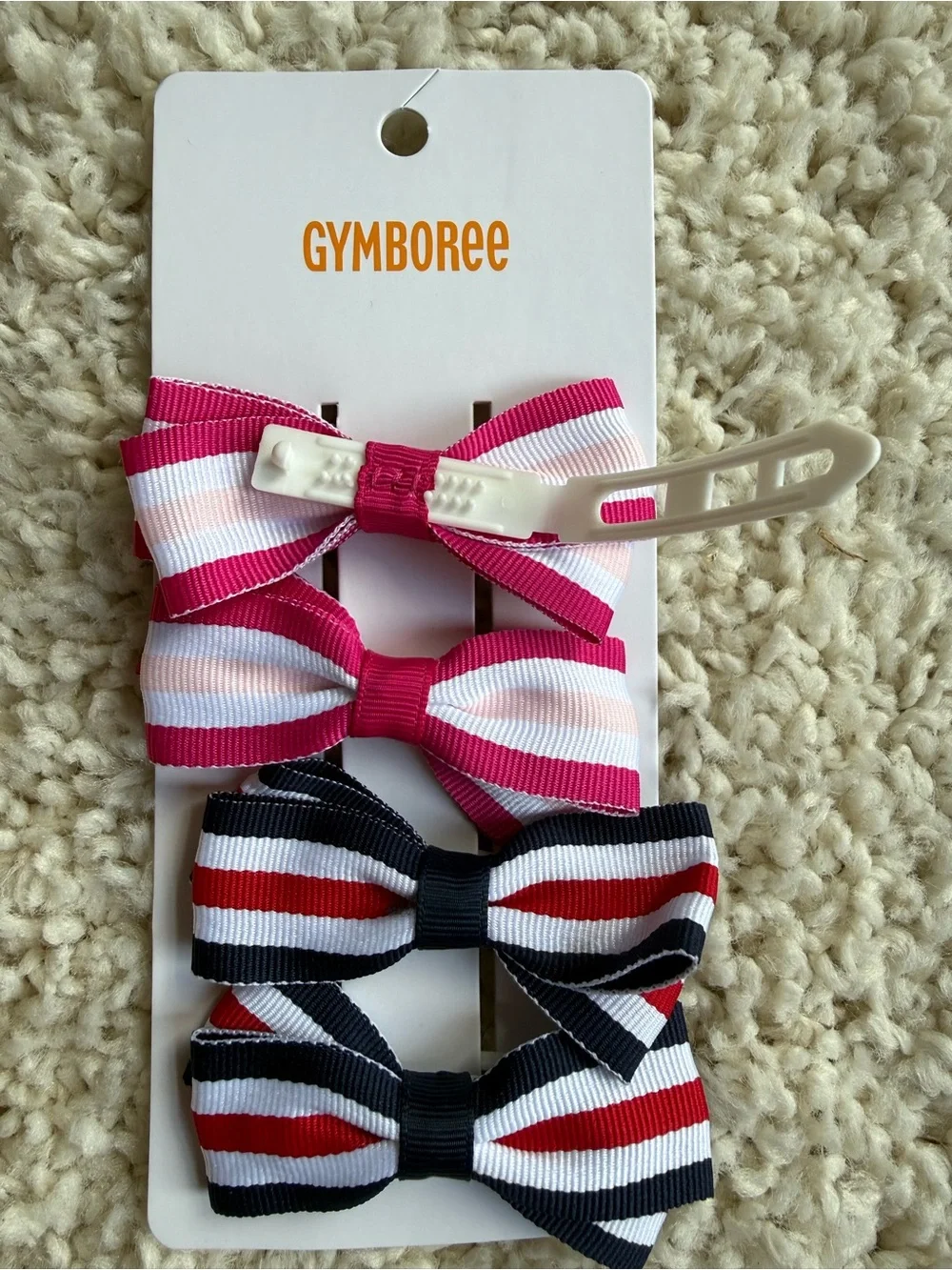 Gymboree set of 4 striped bow hair clips Pink white and Red white Navy strip